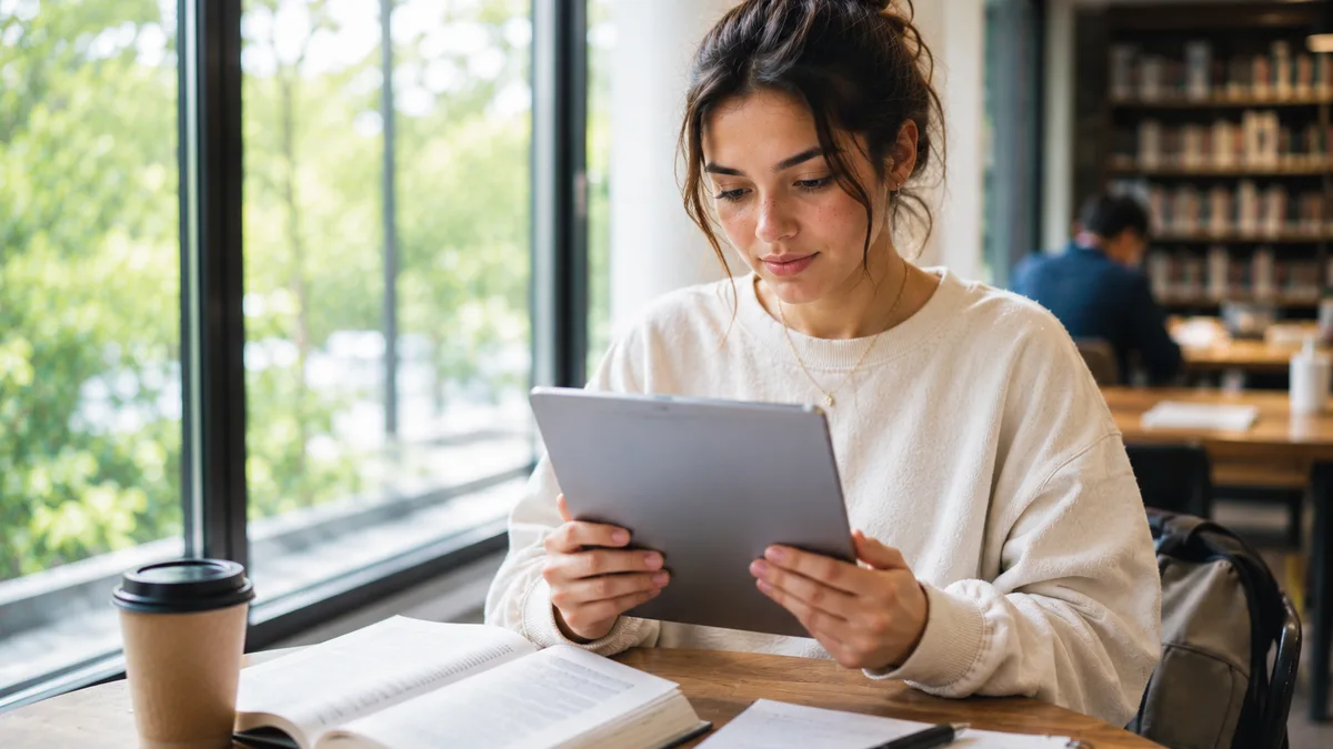 A college student studying with a tablet by a bright library window, books and coffee on the table