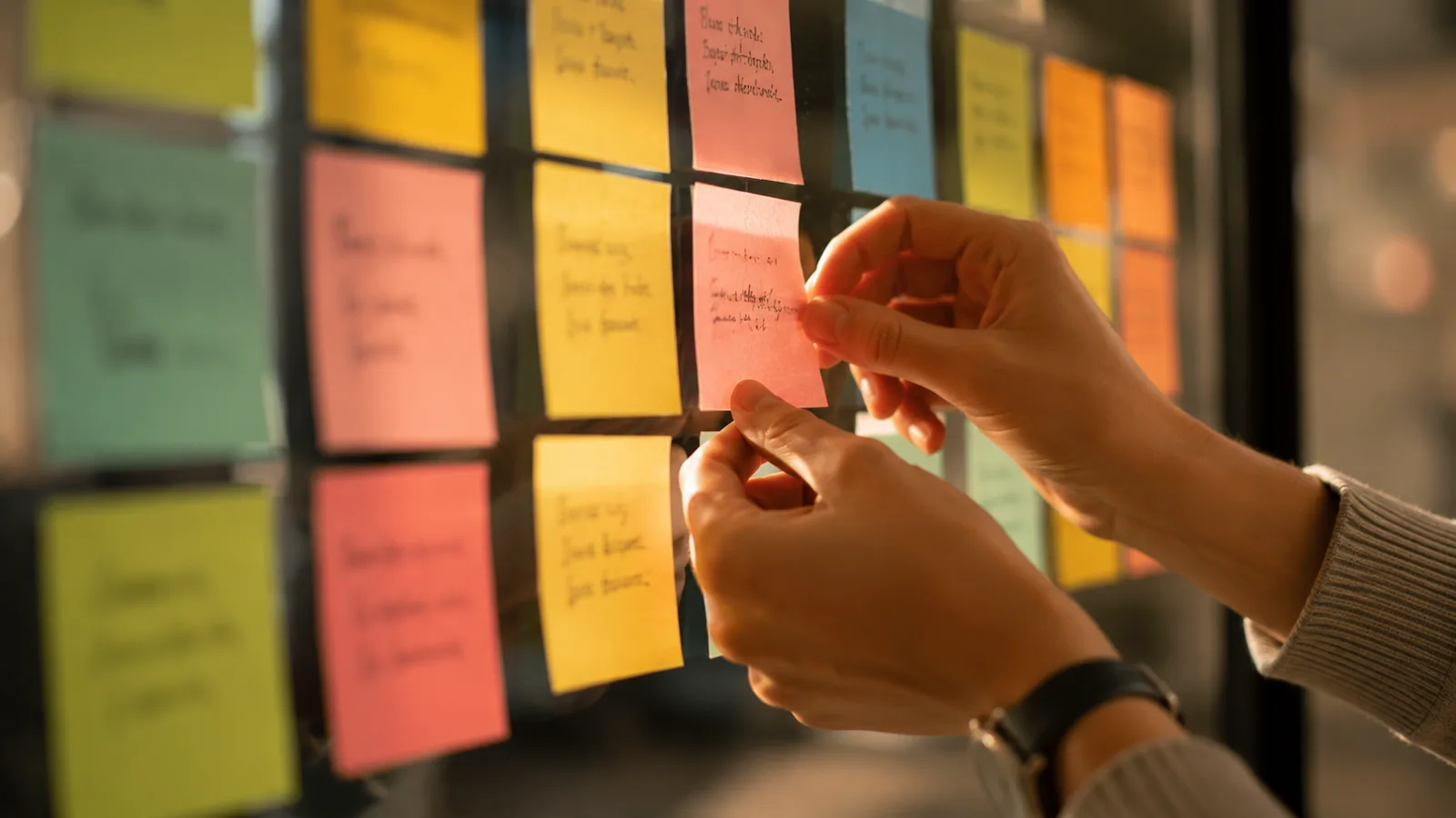 Hands rearranging coloured sticky notes into labelled groups on a glass board, one note held mid-move