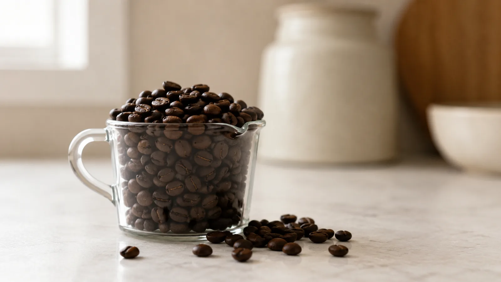 A small clear glass measuring jar filled to the brim with dark coffee beans, a handful of beans spilling over the rim onto the pale counter, the jar visibly too small for the amount it is holding.
