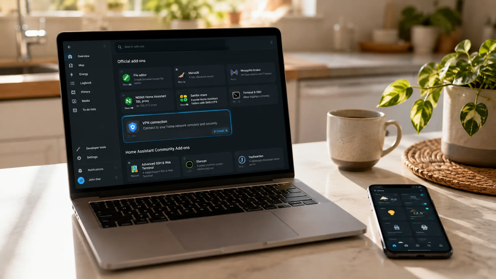 A laptop on a kitchen counter showing the Home Assistant add-on store with the Tailscale add-on open, a phone beside it running the Home Assistant Companion app