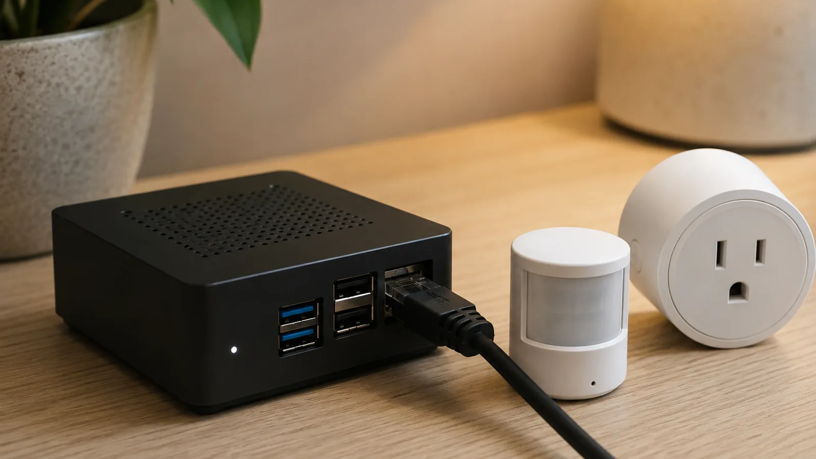 A small single-board computer running Home Assistant, connected by Ethernet, next to a few smart-home devices