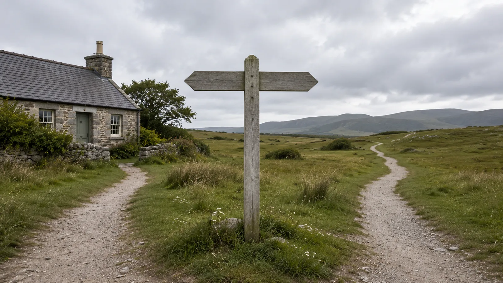 A weathered wooden signpost with two blank arrows where a footpath forks: a short path to a nearby stone cottage on the left, and a longer path winding away toward distant hills on the right.