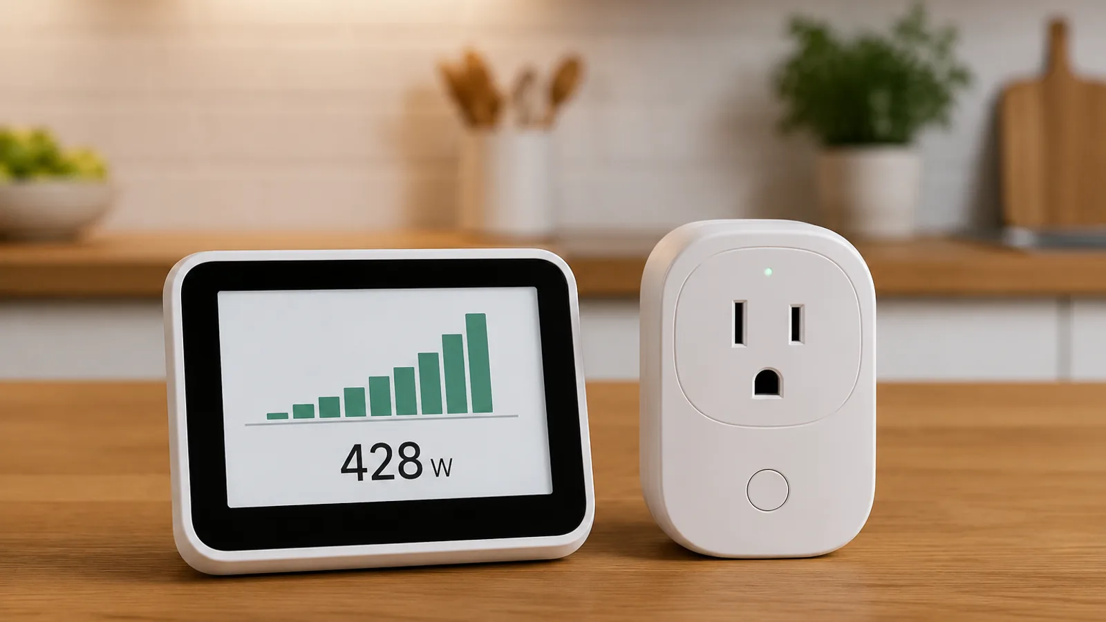 A home energy monitor and a smart plug on a kitchen counter, showing a device's real-time power draw in watts