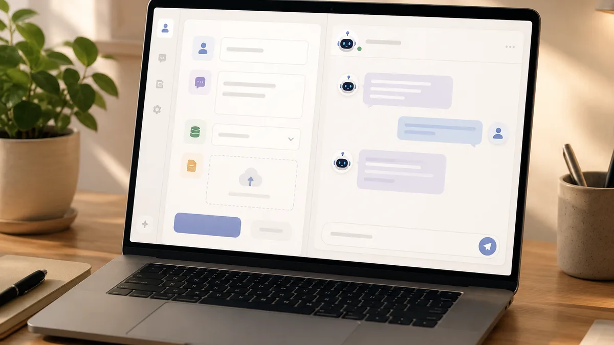 A laptop showing a GPT builder with a configuration form on the left and a live chat preview on the right