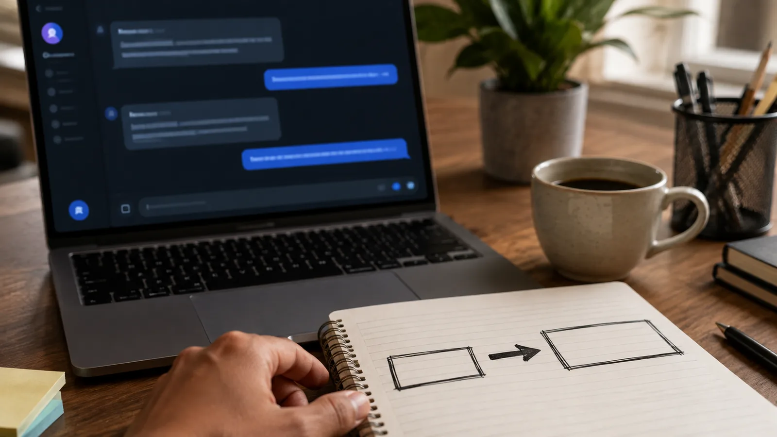 A laptop showing an AI chat beside a notebook with an arrow drawn from an old job title to a new one, illustrating planning a career pivot with AI
