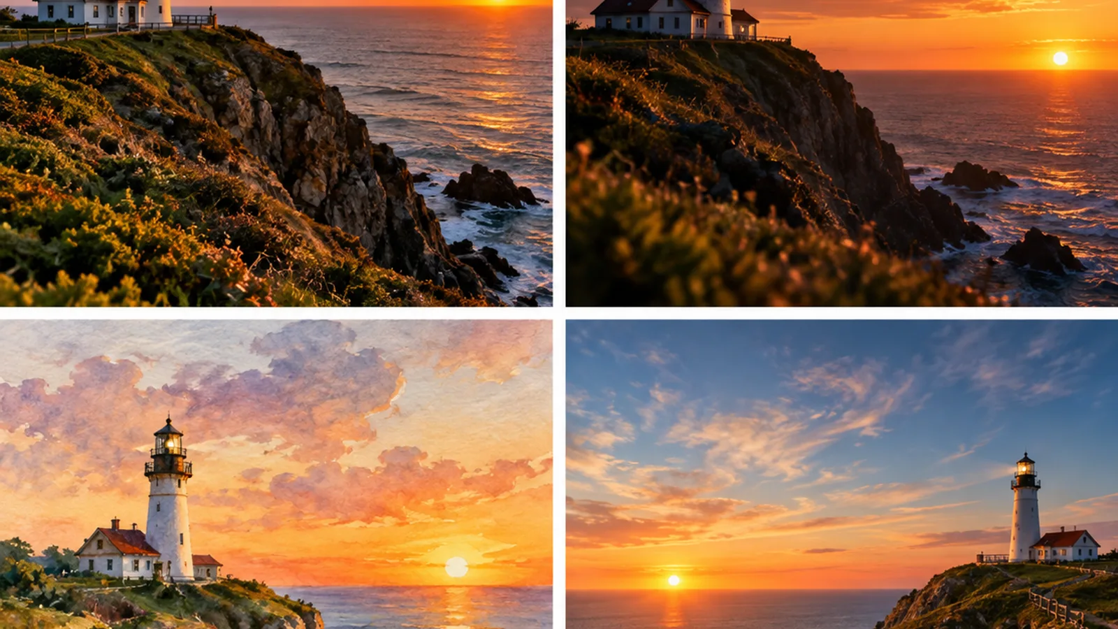 A 2x2 contact sheet of four AI-generated variations of the same scene, as Midjourney returns four takes on one prompt
