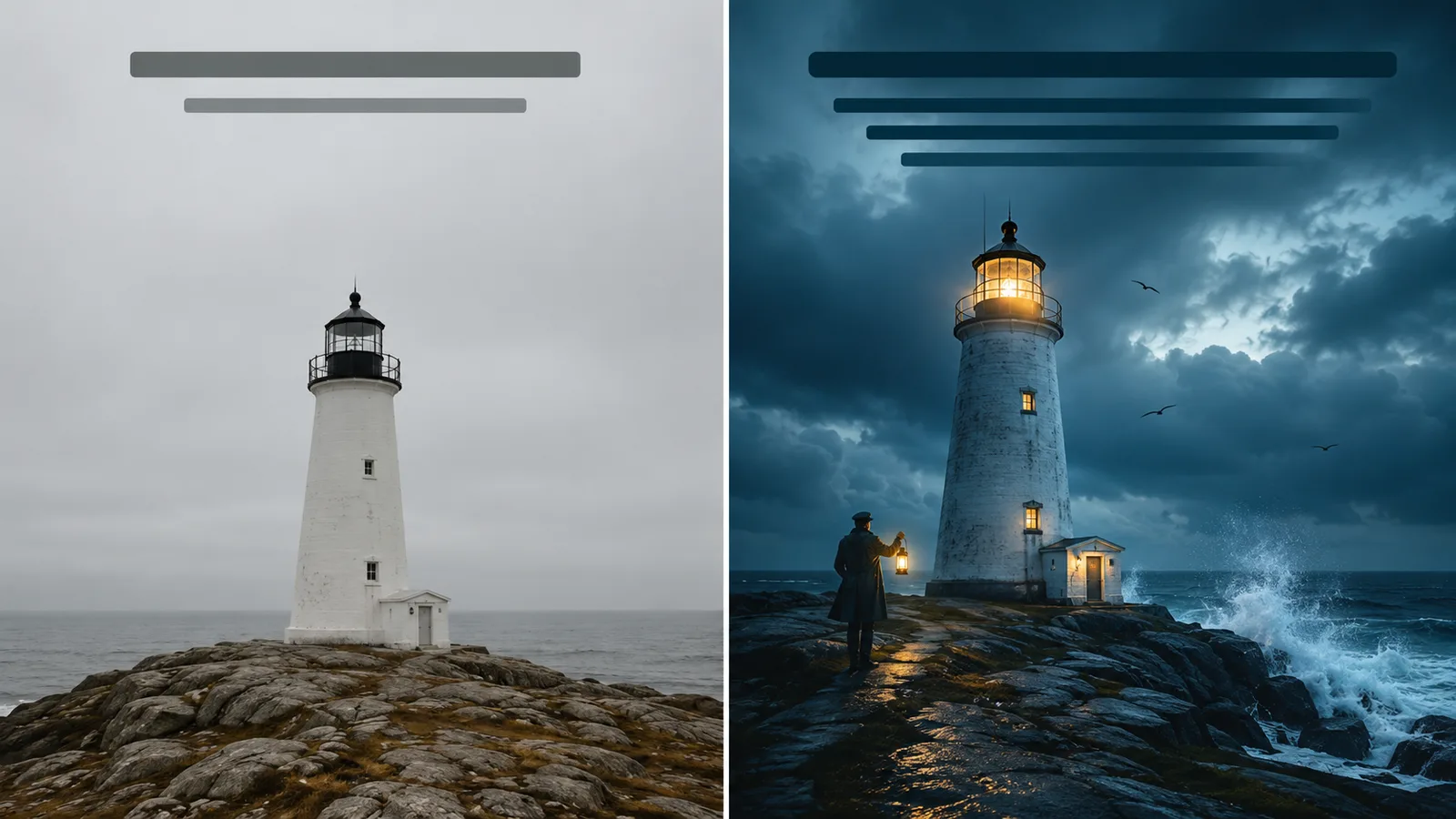 A split example showing a plain one-line prompt on the left producing a dull image, and a detailed scene prompt on the right producing a rich cinematic image, illustrating how prompt detail changes the result.