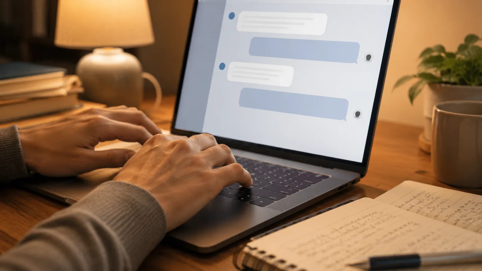 A person typing a detailed, structured prompt into ChatGPT on a laptop, with a notebook of prompt ideas beside the keyboard