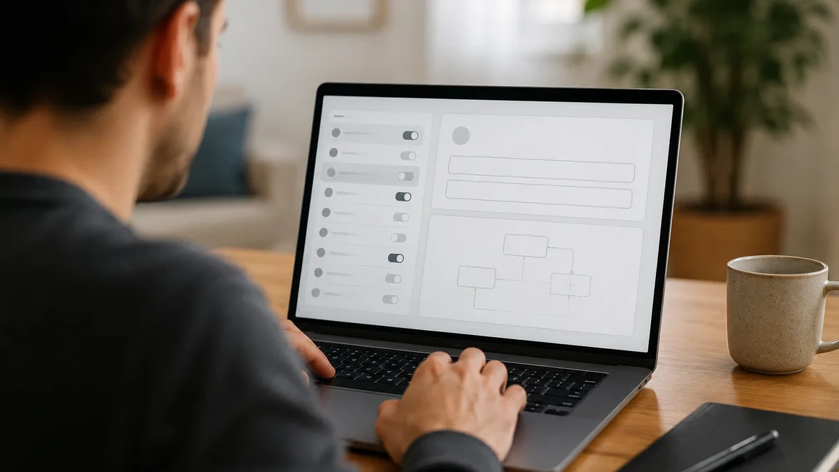 An over-the-shoulder view of someone setting up a digital assistant, a panel of toggle switches and input fields on the laptop screen