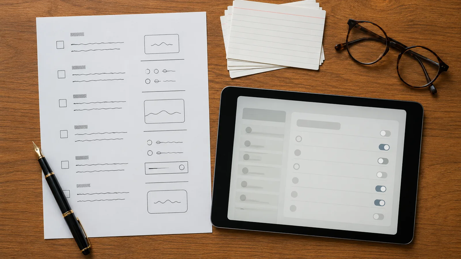A flat-lay of a printed instruction sheet, a pen, and a tablet showing a settings panel on a desk.