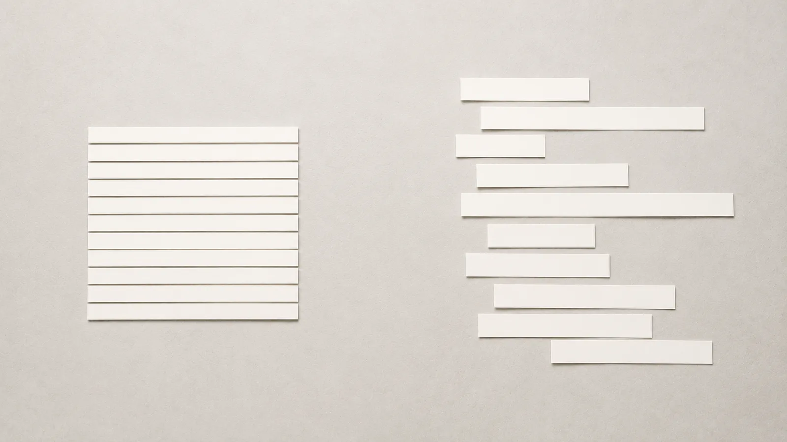 On a pale surface, two groups of paper strips: on the left a block of strips all cut to exactly the same length in a rigid identical row, on the right a set of strips cut to widely different lengths arranged unevenly.