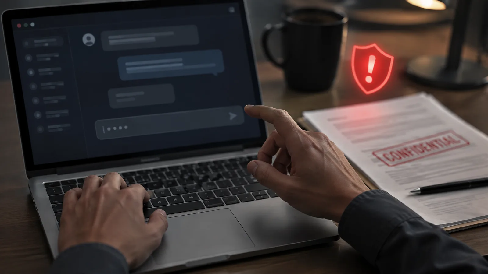 Hands hesitating over a laptop AI chat box beside a document marked confidential, illustrating the risk of pasting sensitive business data into ChatGPT