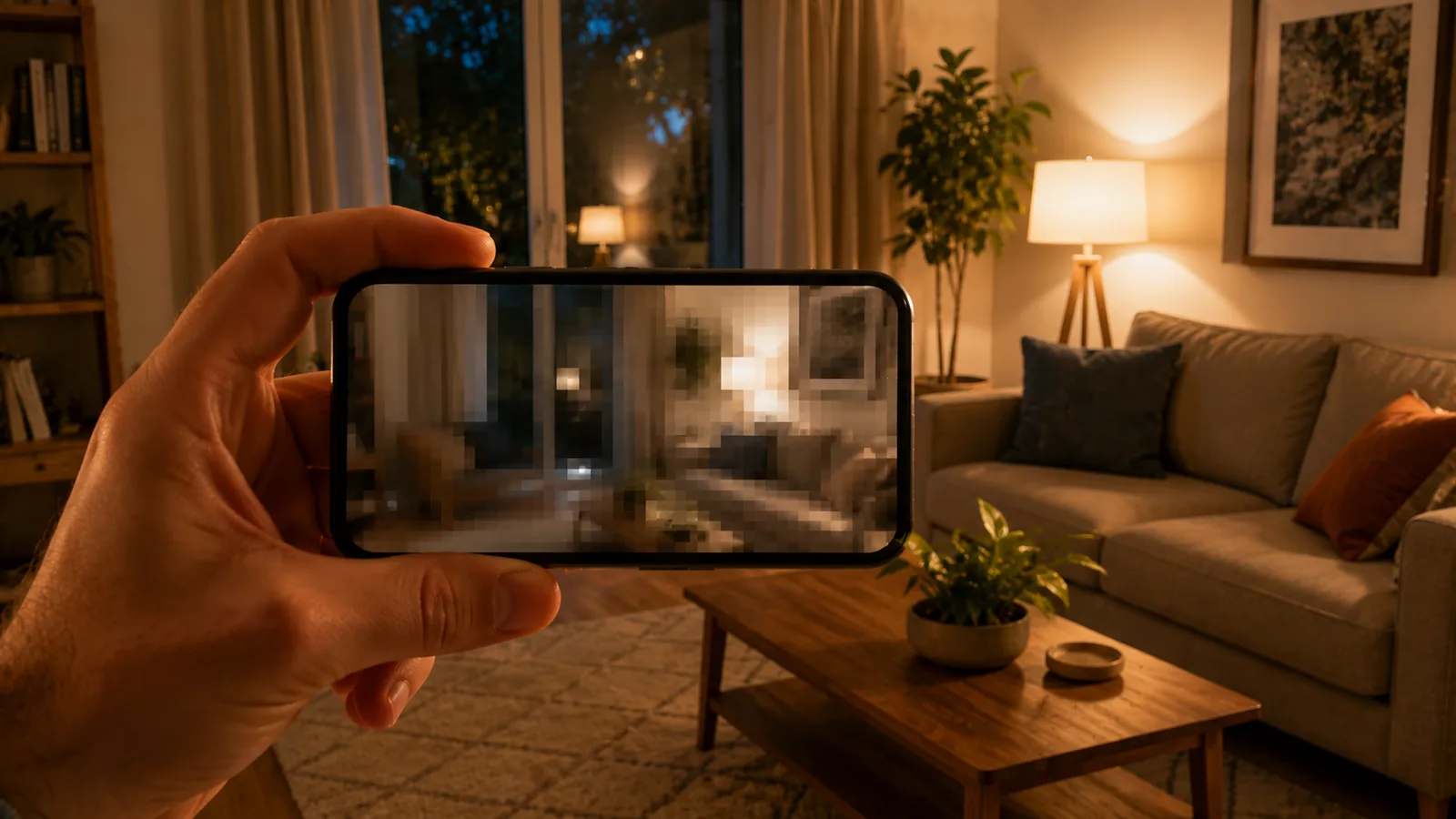 A hand holding a phone showing a heavily pixelated, blocky video feed of a living room, with the same room sharp and detailed in the background behind the phone