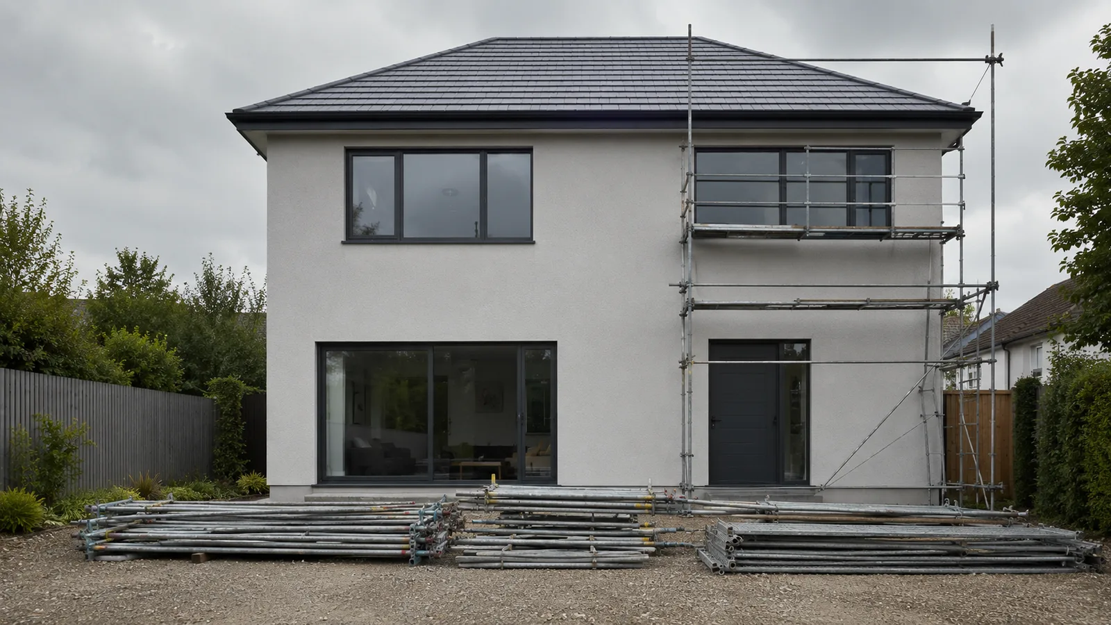 A finished modern house on an overcast day with scaffolding half dismantled along one side, the removed poles stacked in piles on the gravel while the house behind stands complete and undamaged.