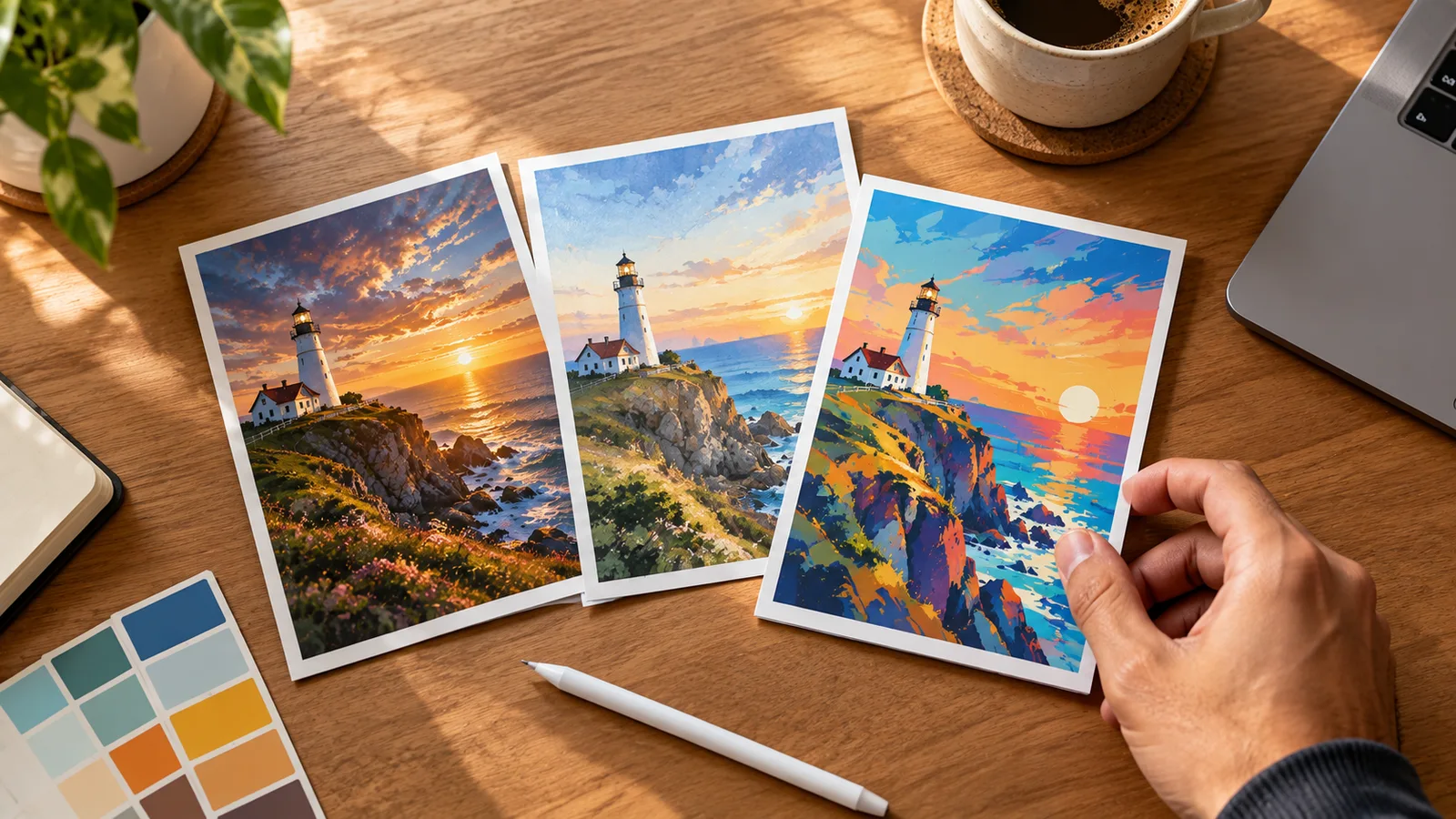 A top-down desk with three printed AI-image samples fanned out and a hand about to choose one, representing picking between the three generators