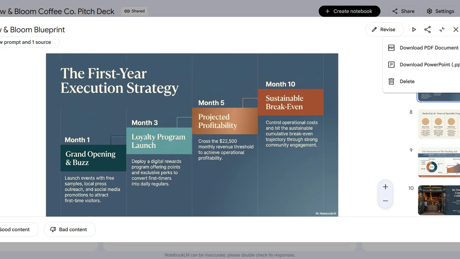NotebookLM's export menu, offering PowerPoint and PDF download of the watermarked deck.