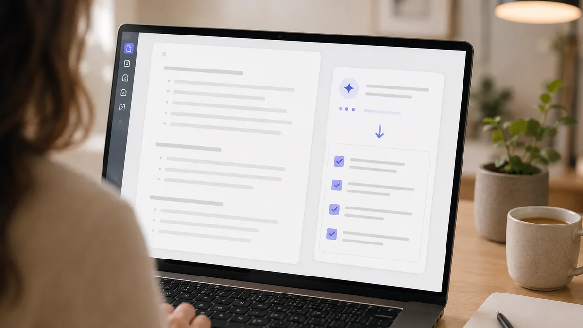 A laptop showing a Notion workspace with an AI agent panel summarising a page, a notebook beside it