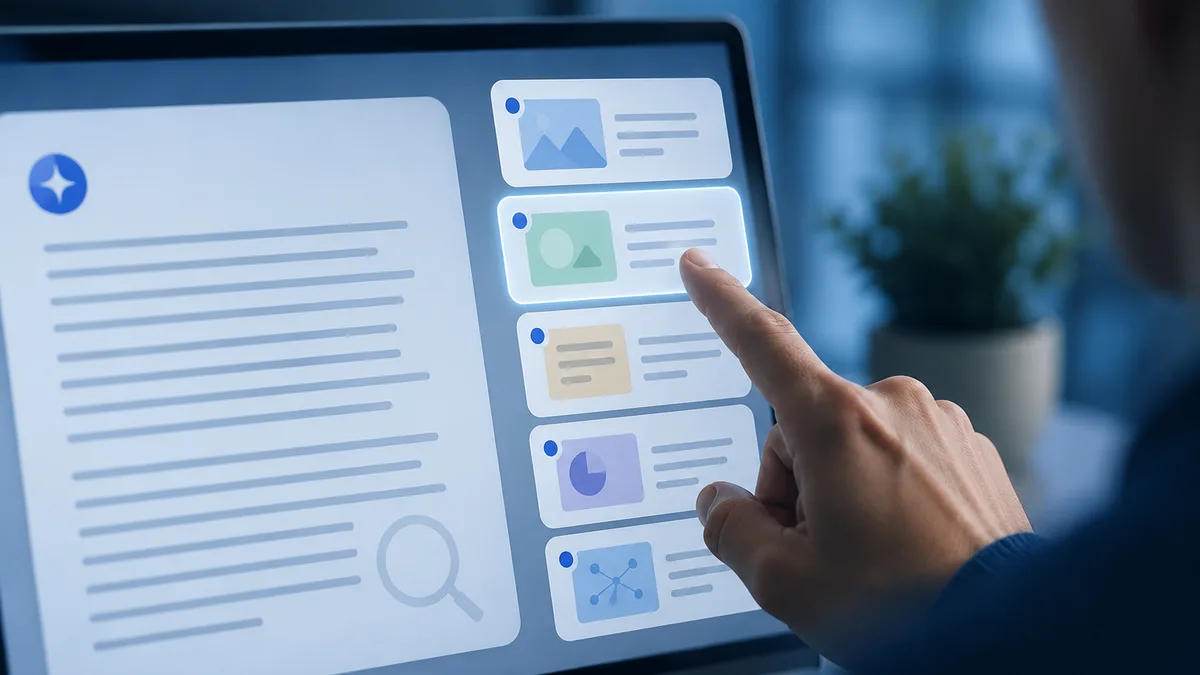 A laptop showing an AI answer with a column of numbered, clickable source citations beside it