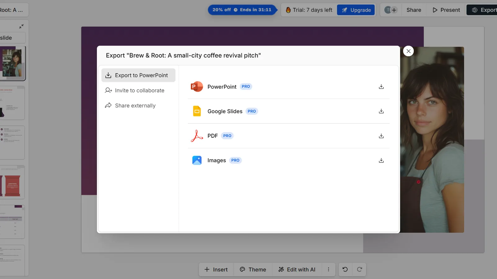 The Presentations.ai export menu, with PowerPoint, Google Slides, PDF, and image export all locked behind the Pro plan.
