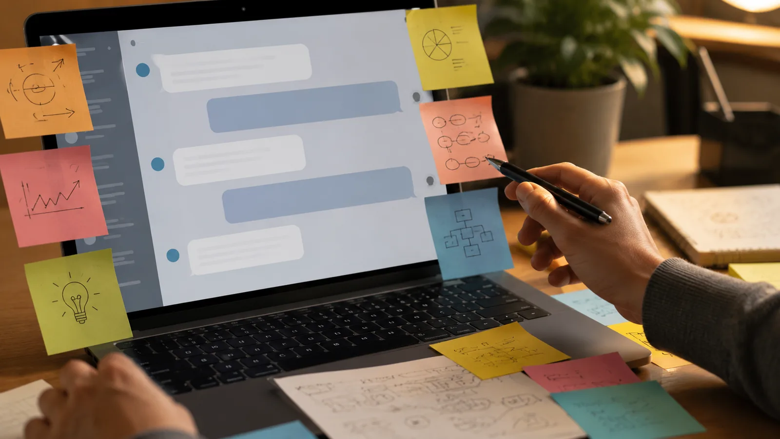 A beginner at a laptop with handwritten sticky notes about prompt ideas stuck around the screen in a bright study space