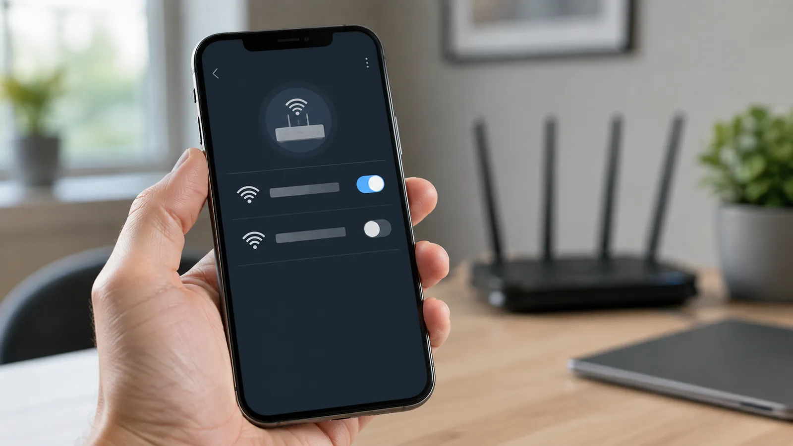 A phone showing a router app with two separate wifi network names, next to a home-office wifi router, illustrating setting up a separate network for smart devices