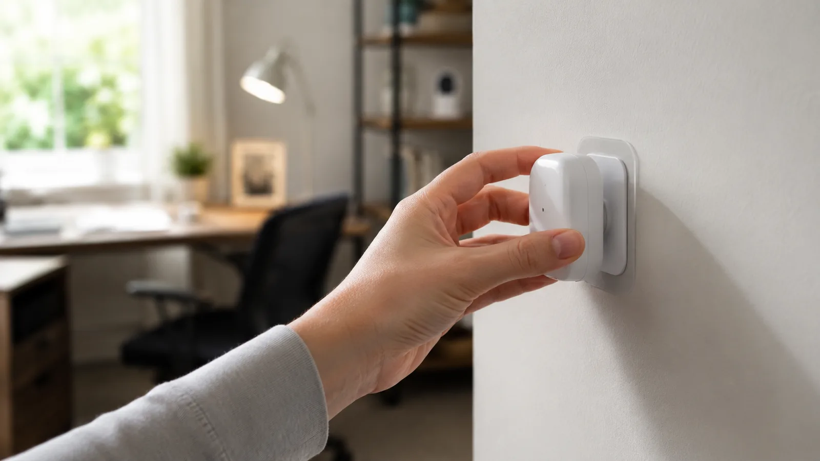 A hand pressing a small smart device onto a wall with a removable adhesive strip, no drilling, in a rental home office