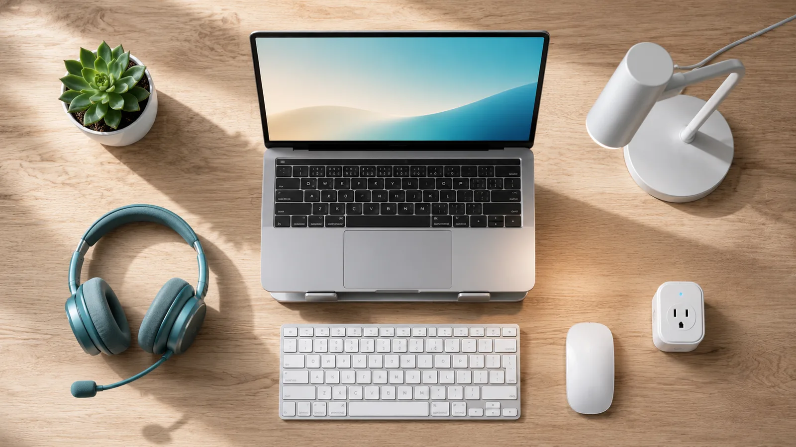 Home office essentials laid out flat: a laptop on a stand, a keyboard and mouse, a task light, headphones, and a smart plug.