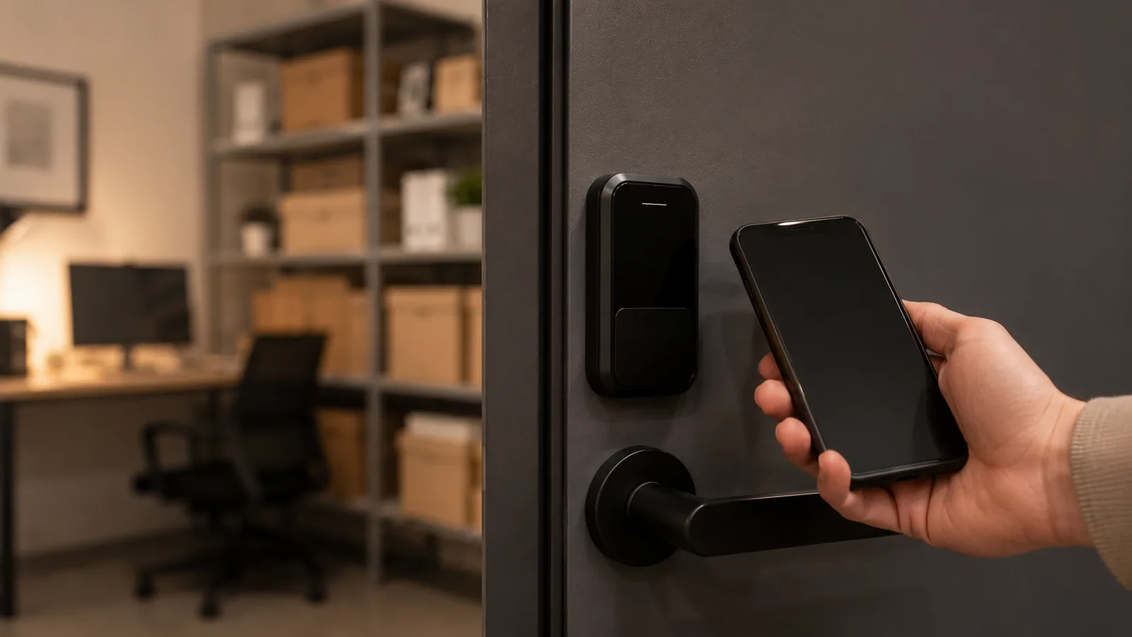 A small business glass door fitted with a keypad smart lock, with a hand entering a code.
