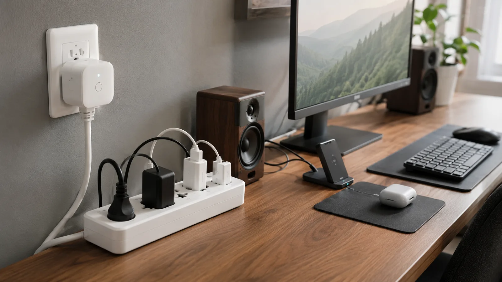 A single smart plug in a wall outlet with a regular power strip plugged into it feeding a desk, showing one switch controlling the whole desk