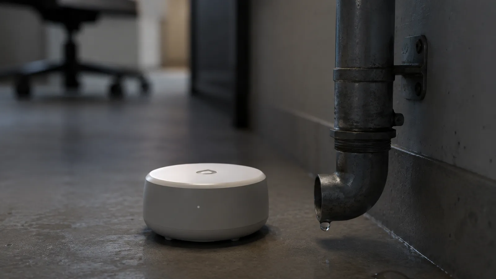 A small water-leak sensor lying flat on the floor beside a pipe with a water droplet forming, illustrating early leak detection in an empty office