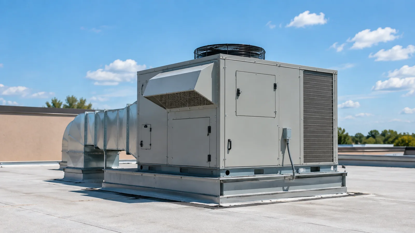 A rooftop packaged HVAC unit on a small commercial building, the kind of system that needs a commercial thermostat rather than a consumer one