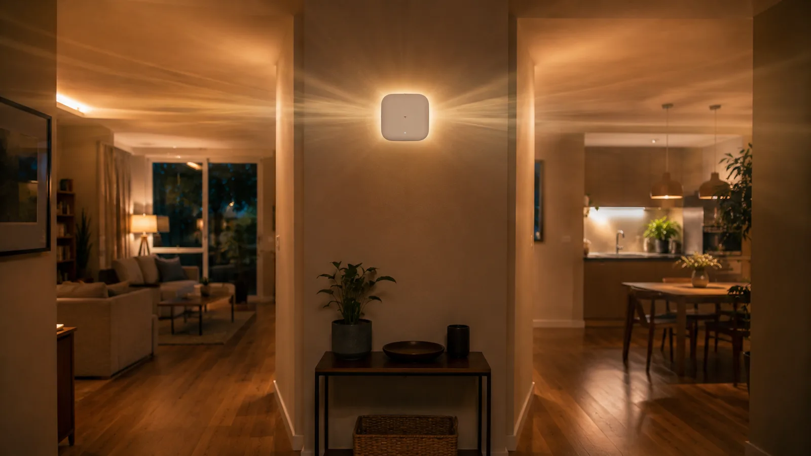 A small white networking box mounted high on a hallway wall, with warm light radiating outward into the living room on one side and the kitchen on the other