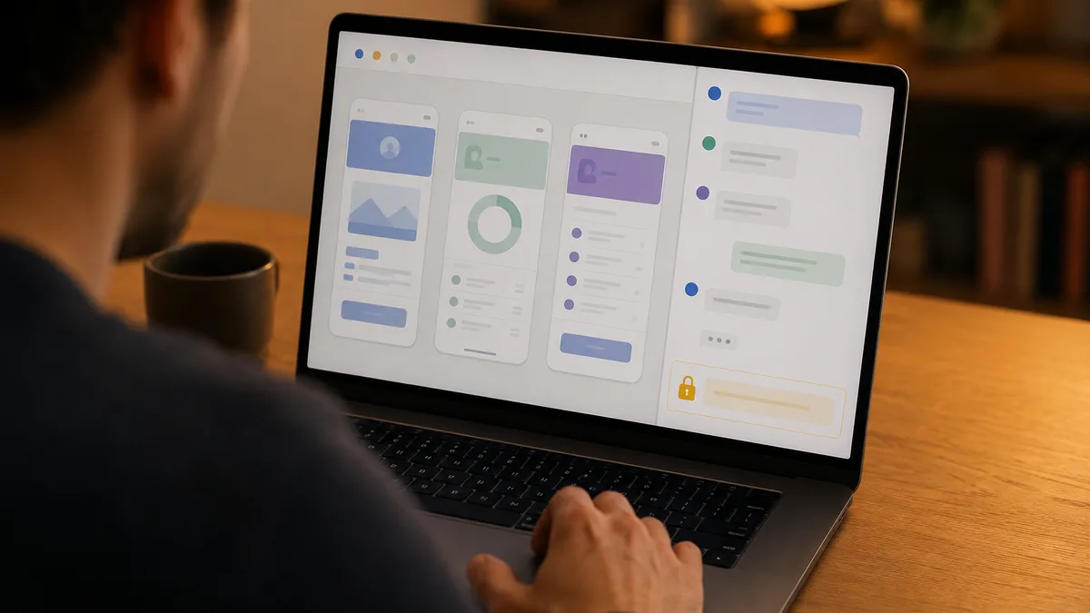A person reviewing app screens on a laptop while a chat panel suggests changes, a notebook and coffee on the desk