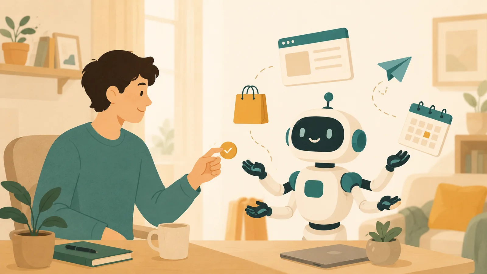 An illustration of a person handing a single task over to an AI agent, which then browses, books, and emails on their behalf.