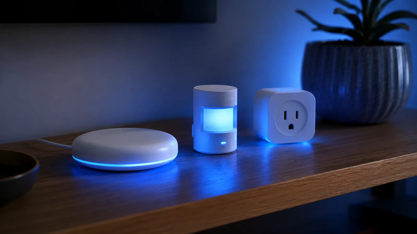 A modern smart home where a hub, sensors, and smart lights from different brands work together over Matter