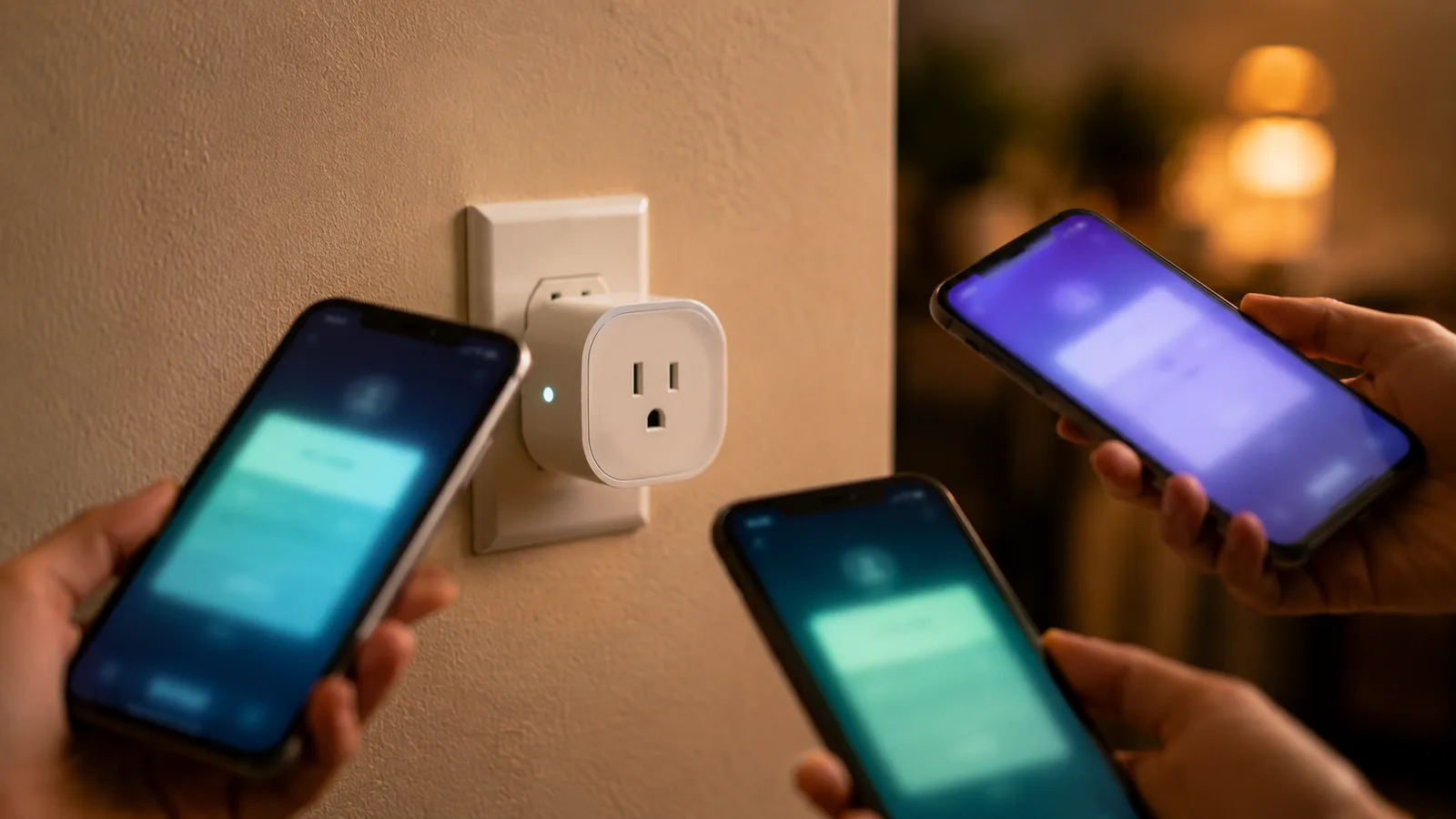 A white smart plug in a wall socket with three phones held around it, each screen glowing a different colour