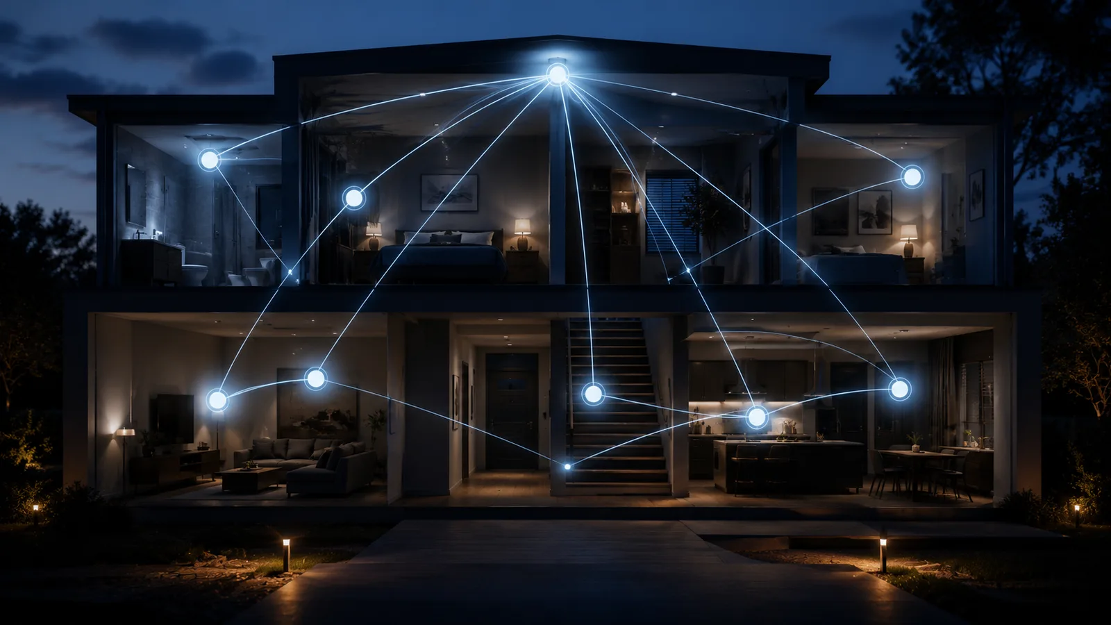 A cutaway view of a two-storey home at dusk, with glowing nodes in each room joined by thin luminous lines into a mesh, and one brighter node at the top acting as the gateway