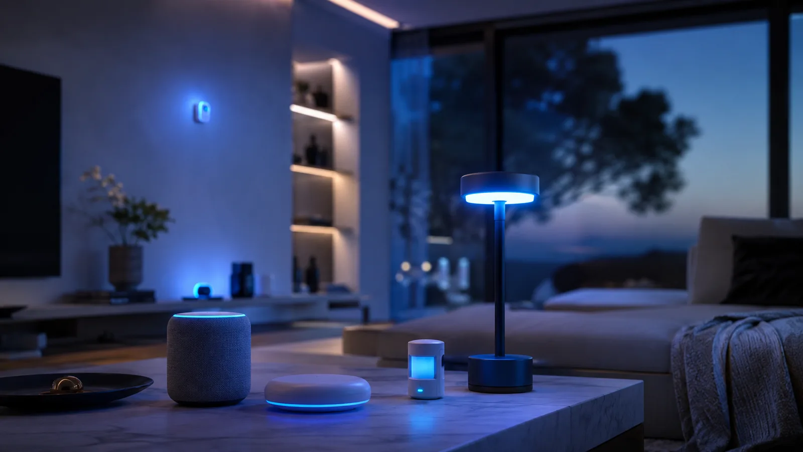 Several Matter-compatible smart-home devices arranged side by side.