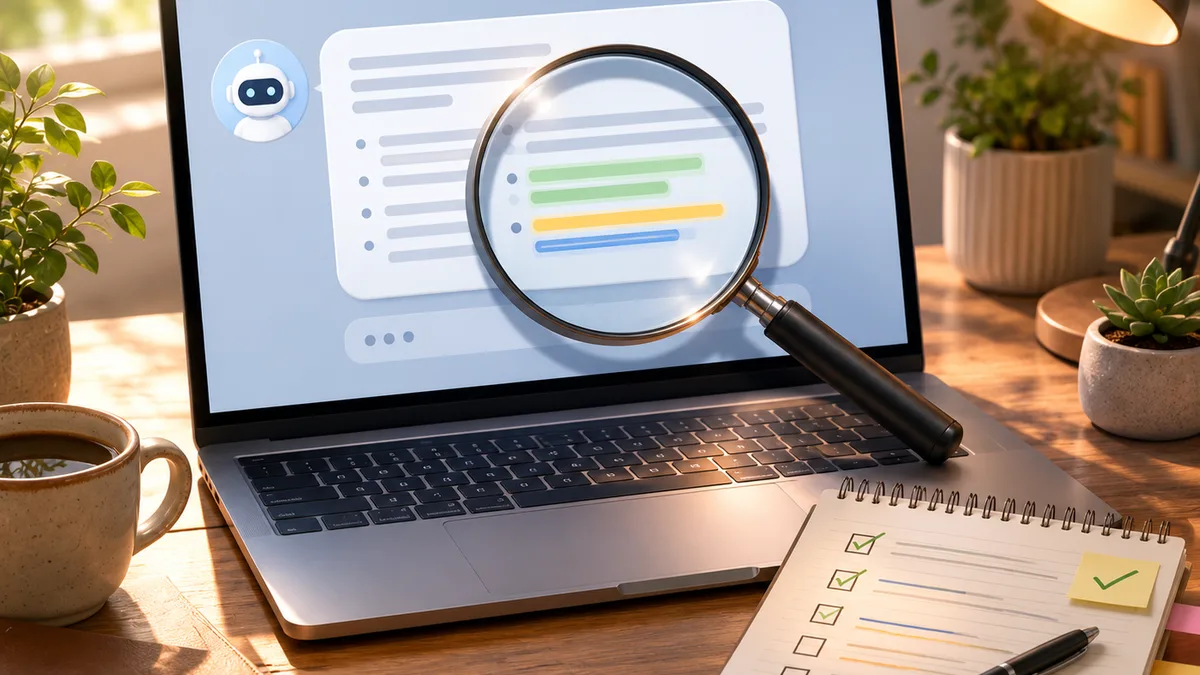 A laptop showing a chat answer with a magnifying glass over it, suggesting checking the facts