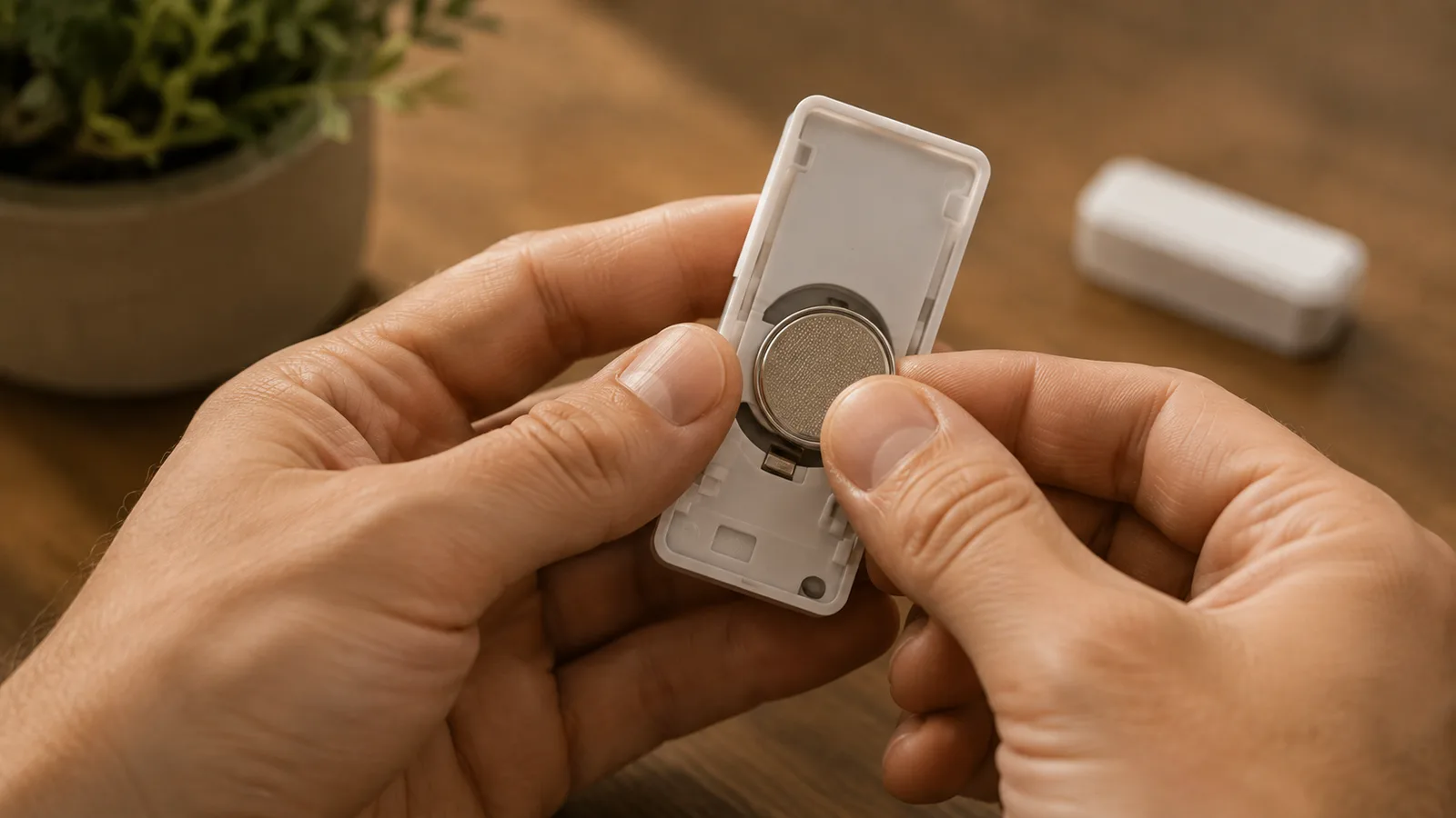 Replacing a CR2032 coin-cell battery in a small Zigbee sensor, the most common fix for a single device going unavailable