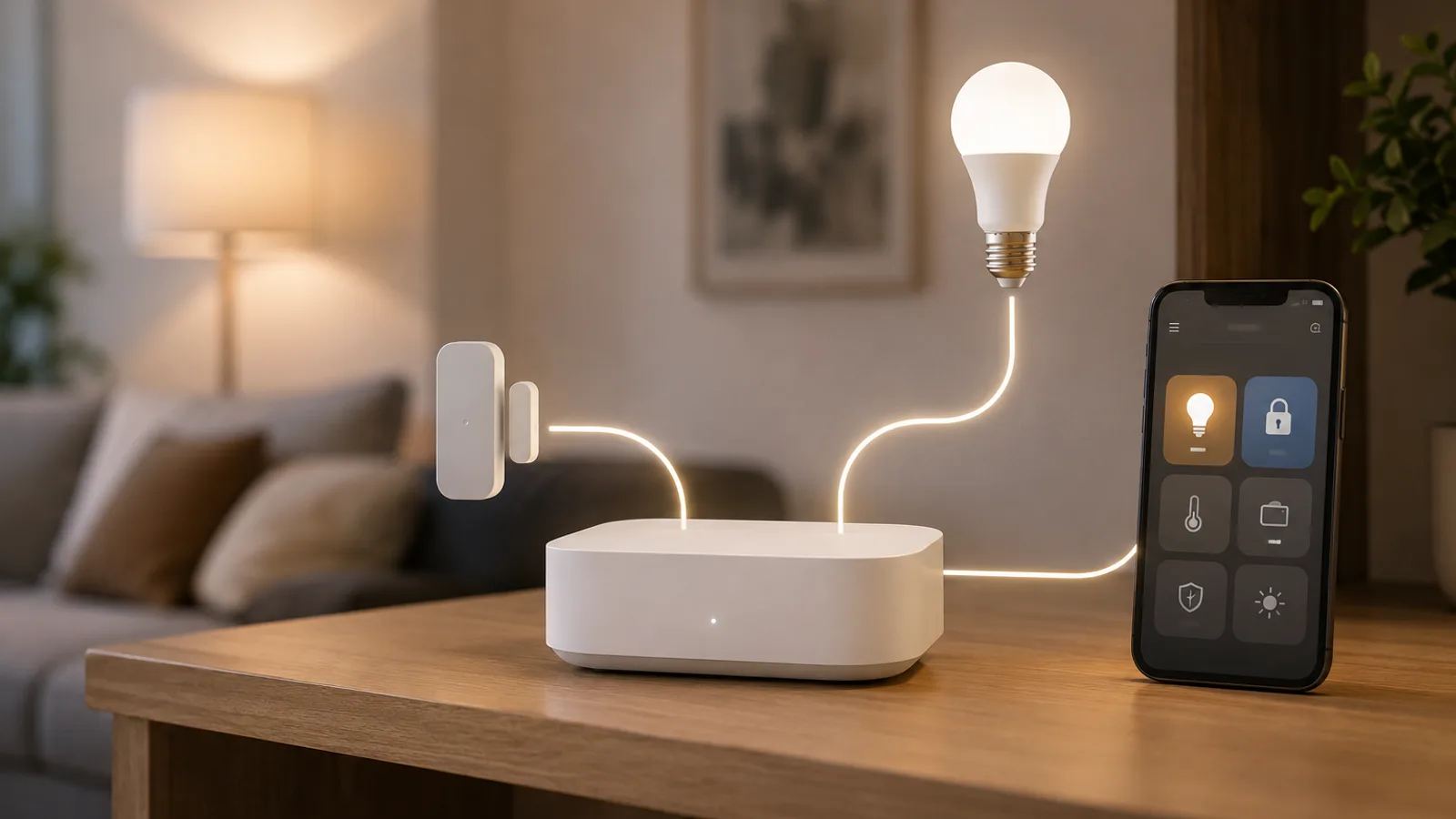 A Zigbee hub beside Matter-compatible smart devices from several brands, showing how the two standards coexist in one home