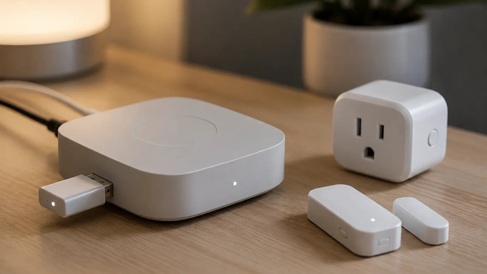 A Zigbee hub and Z-Wave devices from different brands arranged together on a desk, showing the two mesh standards side by side