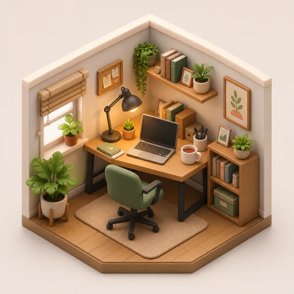 Sample image generated from the prompt: Isometric 3D cozy room