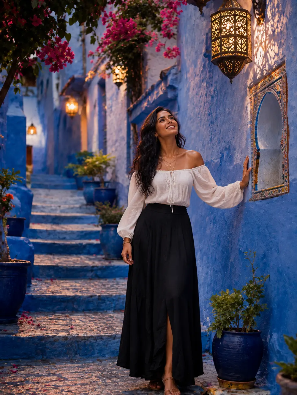 Sample image generated from the prompt: Blue Morocco alley portrait