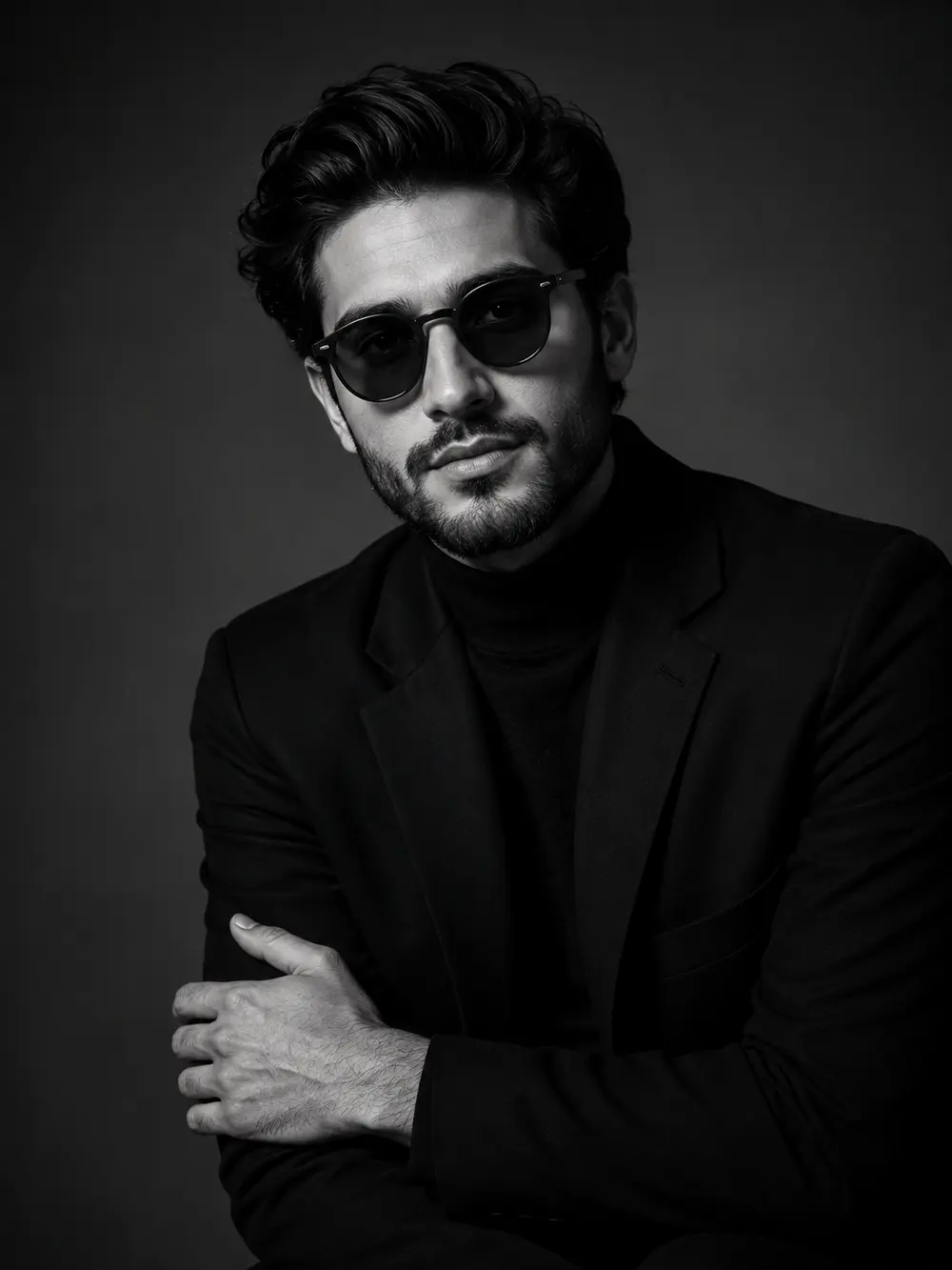 Sample image generated from the prompt: Black-and-white studio portrait