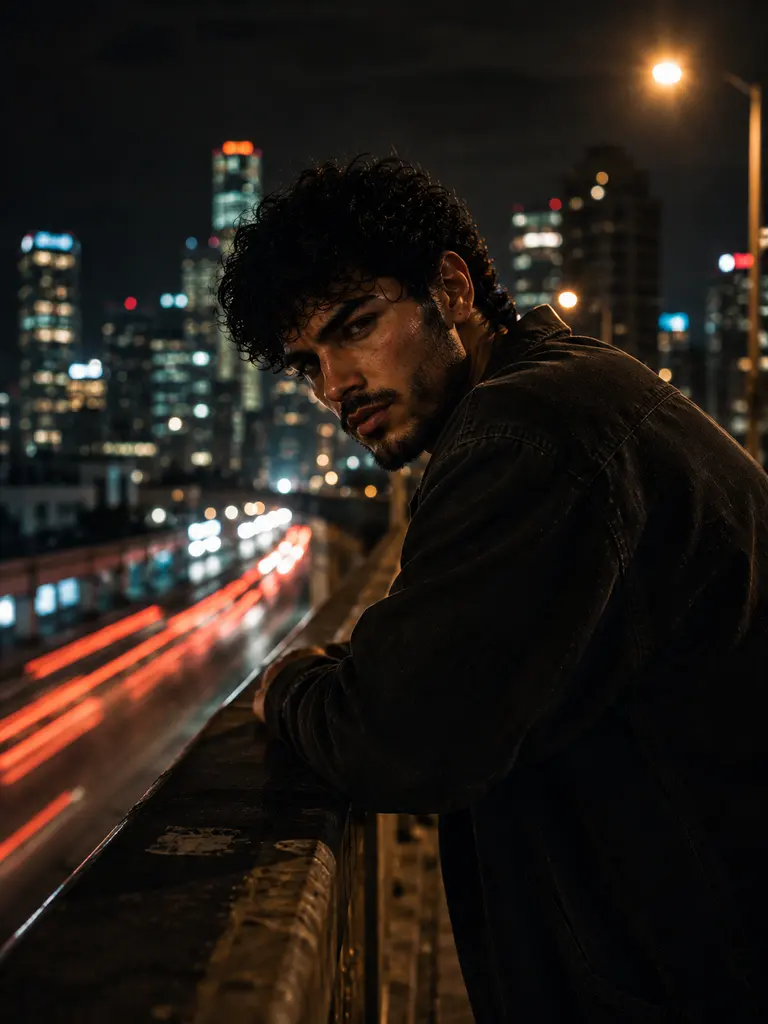 Sample image generated from the prompt: City-night overpass portrait