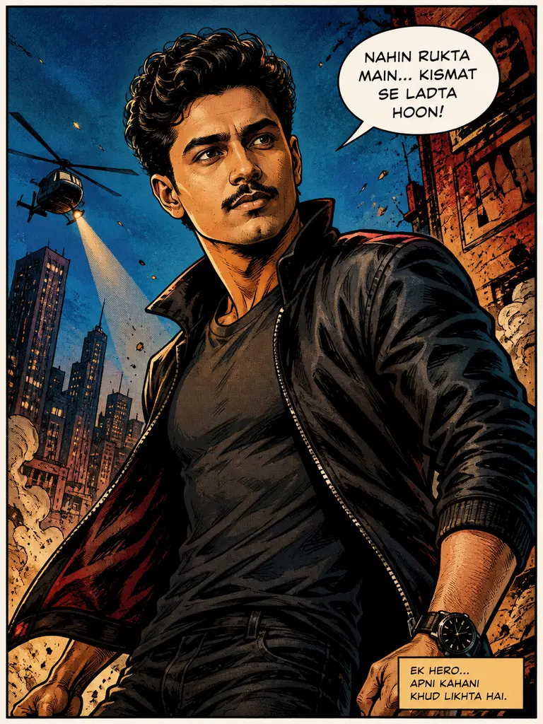 Sample image generated from the prompt: Comic-book panel