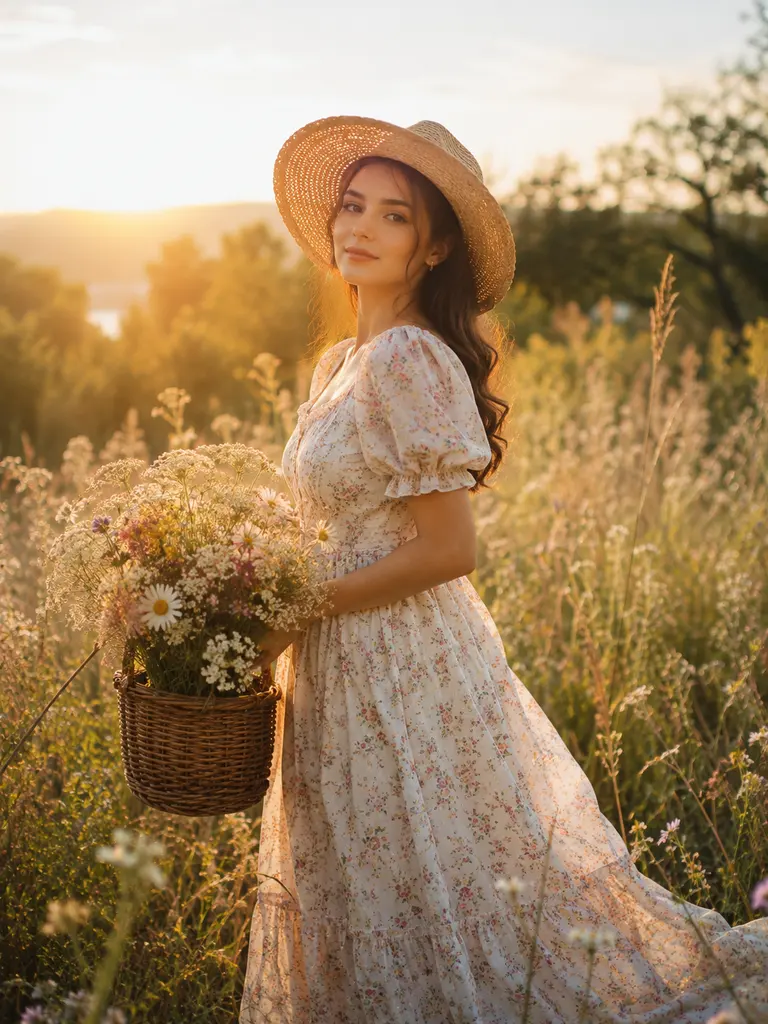 Sample image generated from the prompt: Cottagecore meadow portrait
