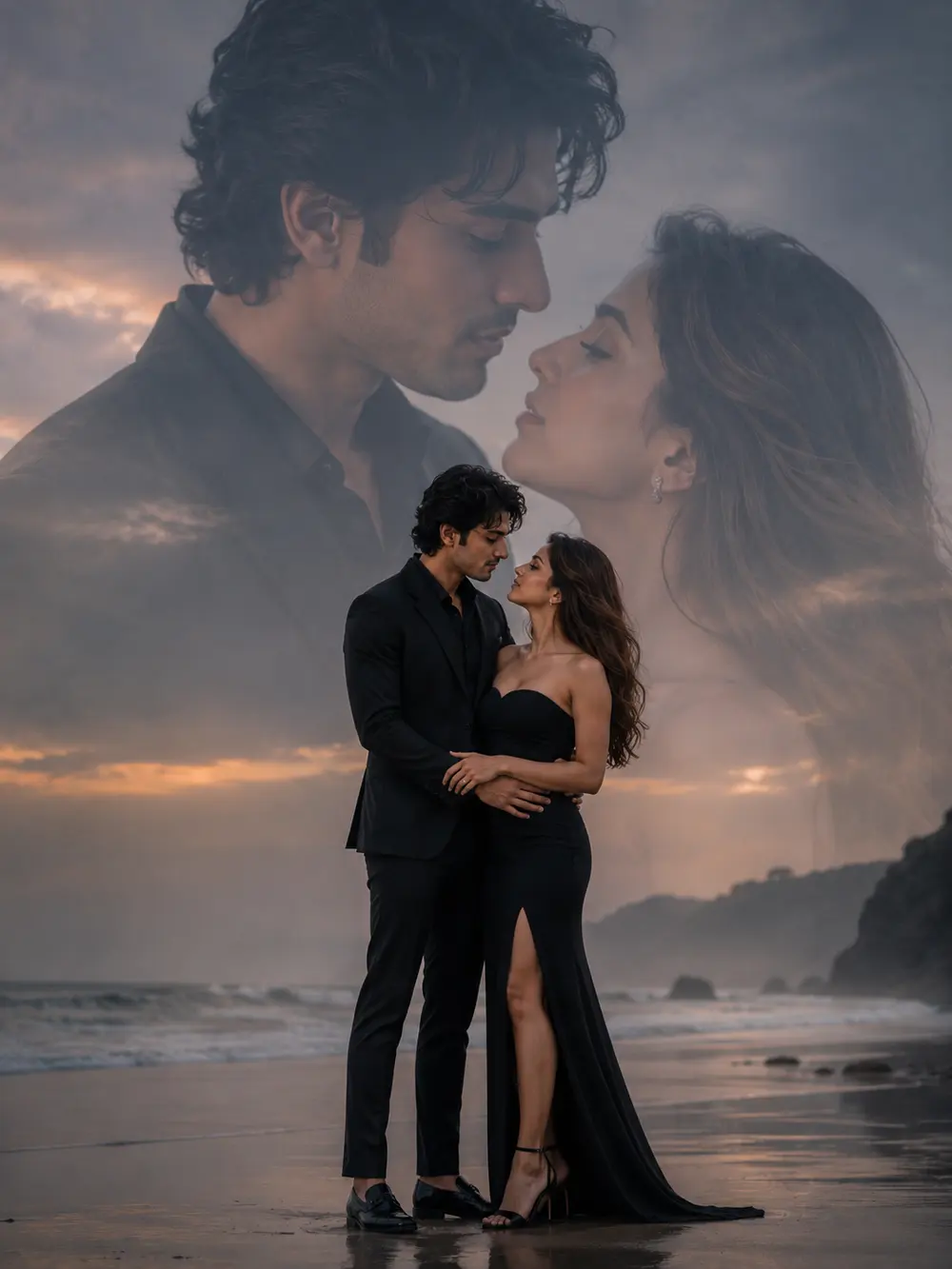 Sample image generated from the prompt: Couple double-exposure by the sea