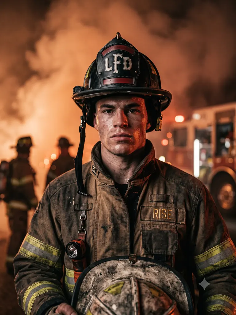 Sample image generated from the prompt: Firefighter hero portrait